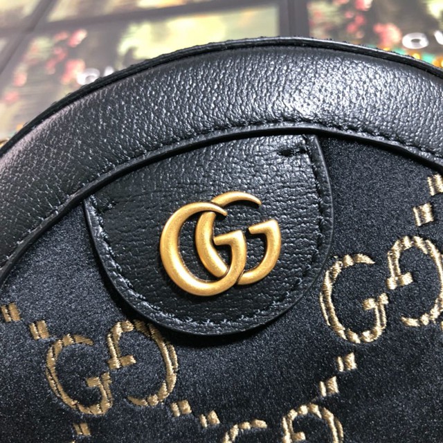 Gucci經典款女包 574978 古馳單肩女包 Gucci圓形女包 雙G標誌天鵝絨圓餅斜挎包  gqy3222